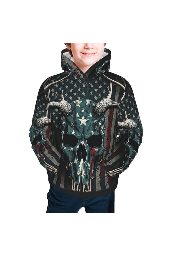Youth Hoodies Sweashirts Kids Hooded Sweatshirt, American Flag Camouflage Deer Skull Camo