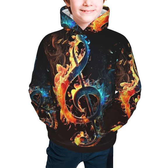 Youth Hoodies Sweashirts Kids Hooded Sweatshirt, Flaming Music Notes Fire