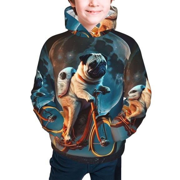 Youth Hoodies Sweashirts Kids Hooded Sweatshirt, Pug Riding To The Moon Funny