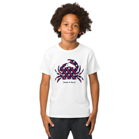 Youth Hook 'N Buoy American Crab T-Shirt – Kids’ Nautical Graphic Tee (White, XS)