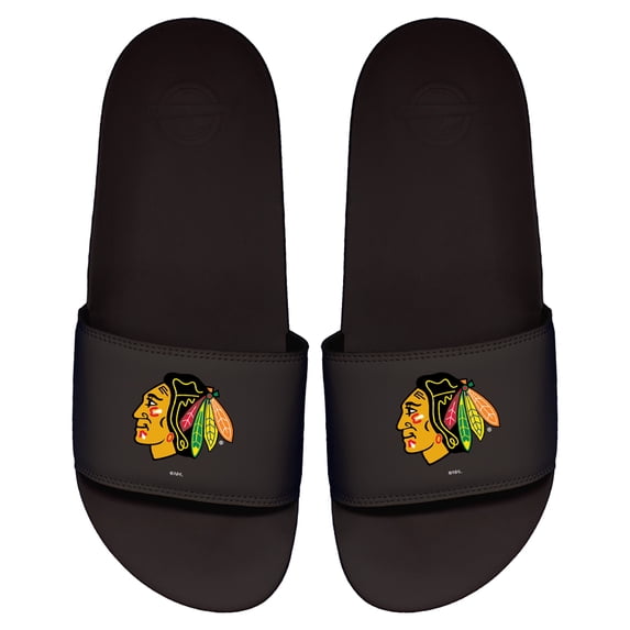Youth ISlide Black Chicago Blackhawks Primary Logo Motto Slide Sandals