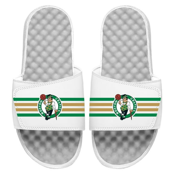 Youth ISlide White Boston Celtics Stripes Slide Sandals