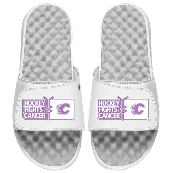 Youth ISlide White Calgary Flames Hockey Fights Cancer Slide Sandals