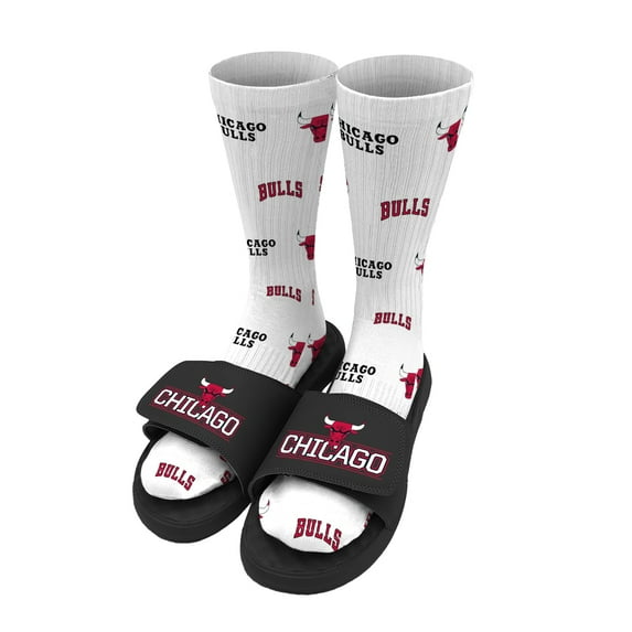 Youth ISlide White Chicago Bulls Pattern Socks & Slide Sandals Bundle
