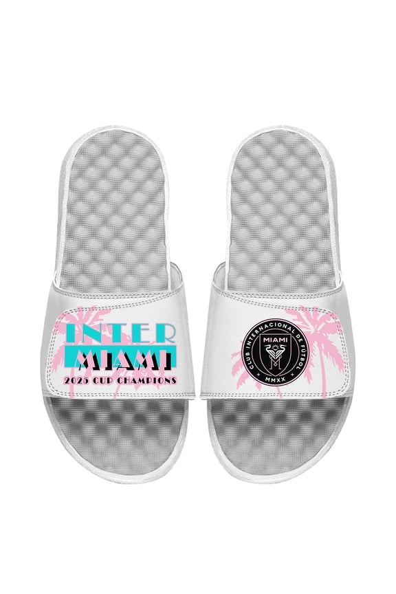 Youth ISlide White Inter Miami CF 2025 MLS Cup Champions Palm Tree Slide Sandals