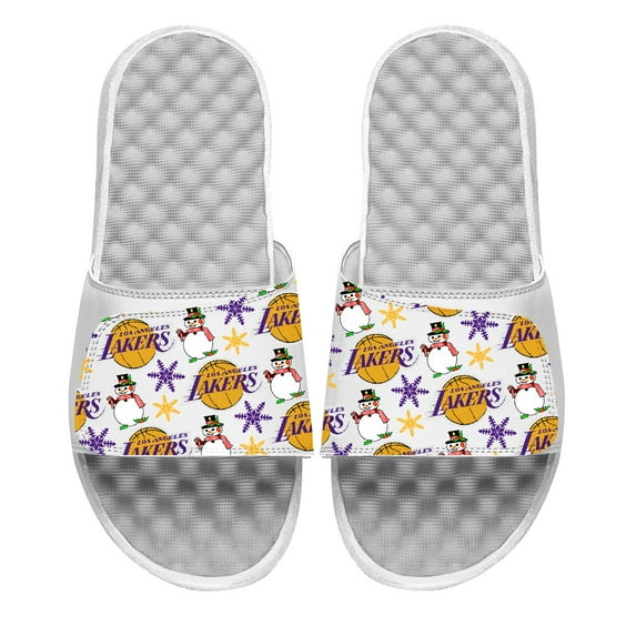 Youth ISlide White Los Angeles Lakers Holiday Pattern Slide Sandals