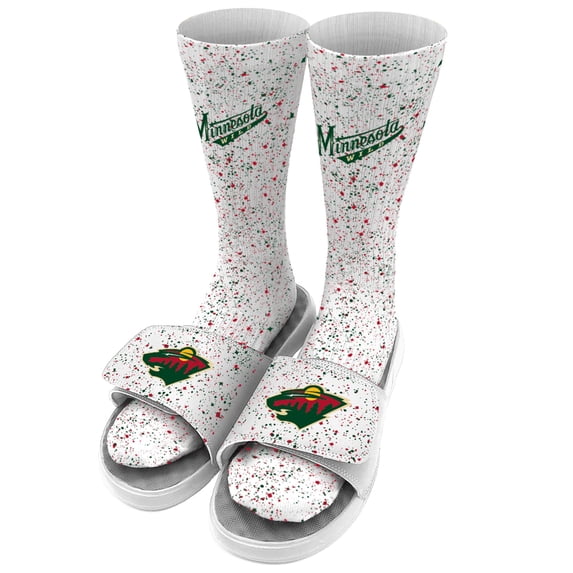 Youth ISlide White Minnesota Wild Speckle Socks & Slide Sandals Bundle