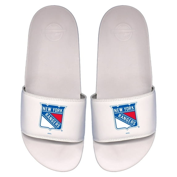 Youth ISlide White New York Rangers Primary Logo Motto Slide Sandals