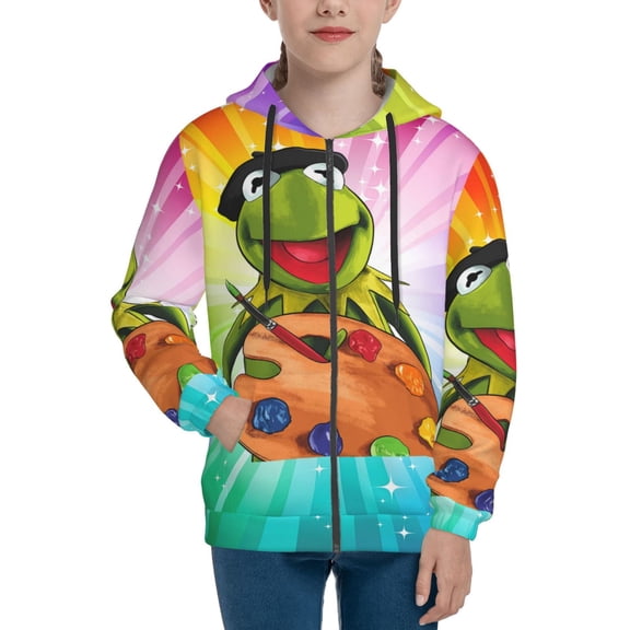 Youth Ke-Rmit The Fro Zip Up Graphic Hoodie with Pockets Comfort Long Sleeve Soft Hoodies