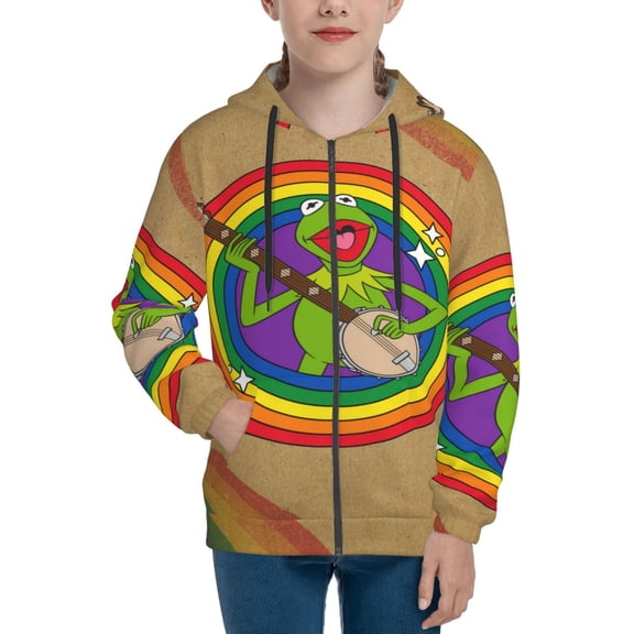 Youth Ke-Rmit The Fro Zip Up Graphic Hoodie with Pockets Comfort Long Sleeve Soft Hoodies