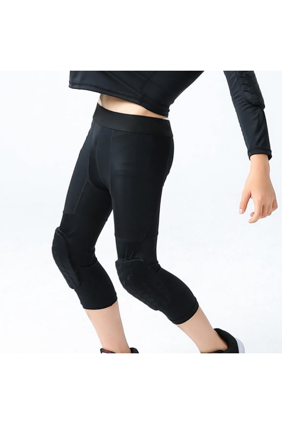 Youth Kids Compression Pants with Knee Pads, Boys 3/4 Capri Compression Pants Basketball Athletic Tights Quick Dry