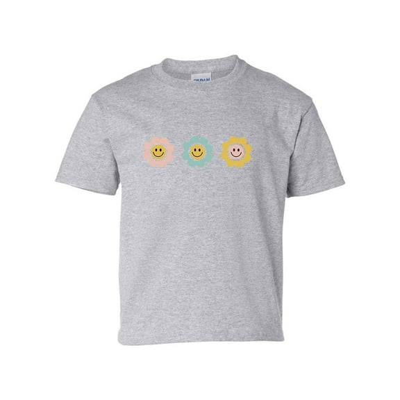 Youth Kids Flower Happy Faces Smile Short Sleeve T-shirt Graphic Tee-Sports Grey-small
