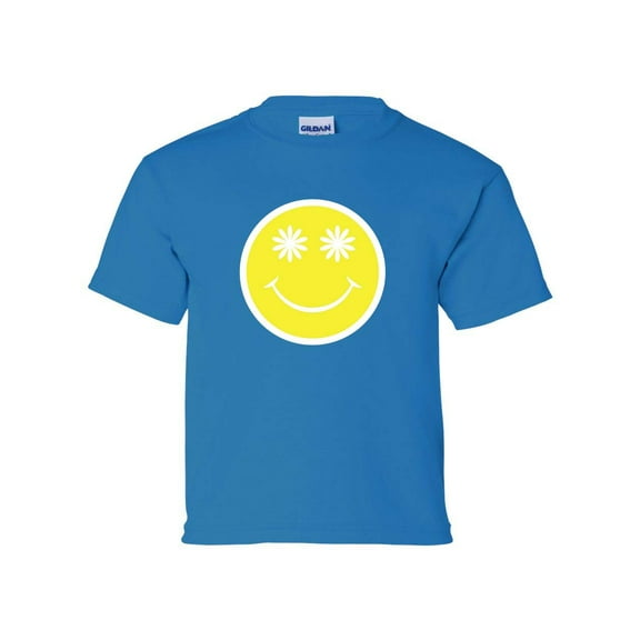 Youth Kids Happy Face Smile with Daisy Eyes Short Sleeve T-shirt Graphic Tee-Sapphire-xl