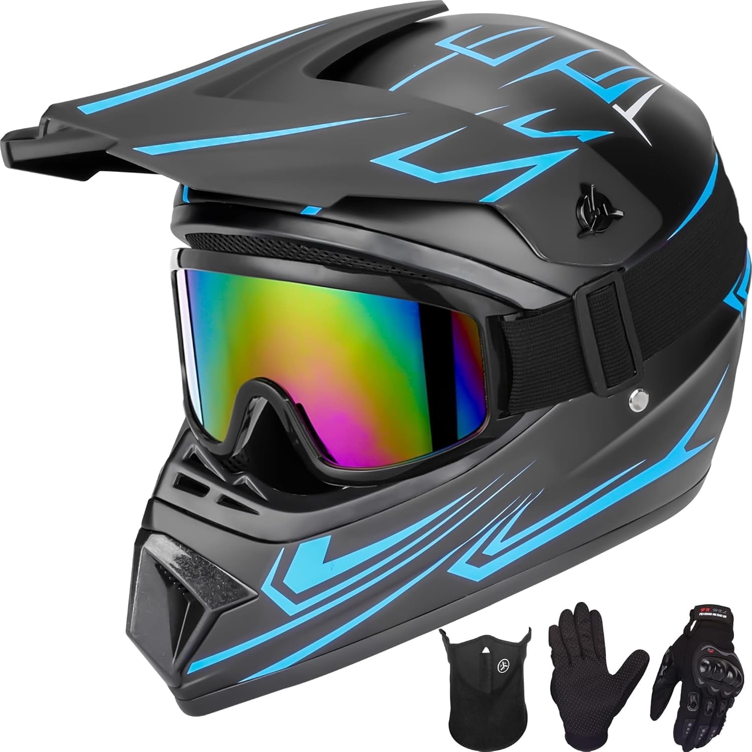 Youth Kids Motocross Helmet Motorcycle Dirt Bike Off-Road Mountain Bike BMX MX ATV Helmet with(Gloves Goggles Mask) 4Pcs Set - DOT Approved