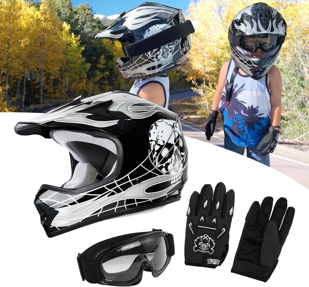 Youth Kids Motocross Offroad Street Dirt Bike Helmet W/Goggles Gloves ATV Mx Skull Helmet