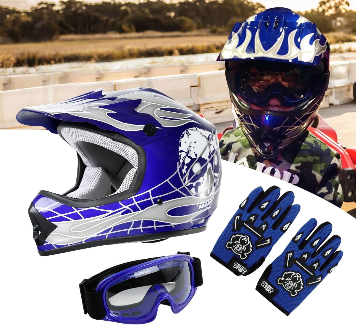 Youth Kids Motocross Offroad Street Dirt Bike Helmet W/Goggles Gloves ATV Mx Skull Helmet