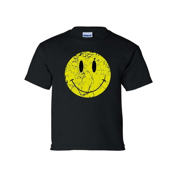 Youth Kids Retro Distressed Happy Face Smile Short Sleeve T-shirt Graphic Tee-Black-small