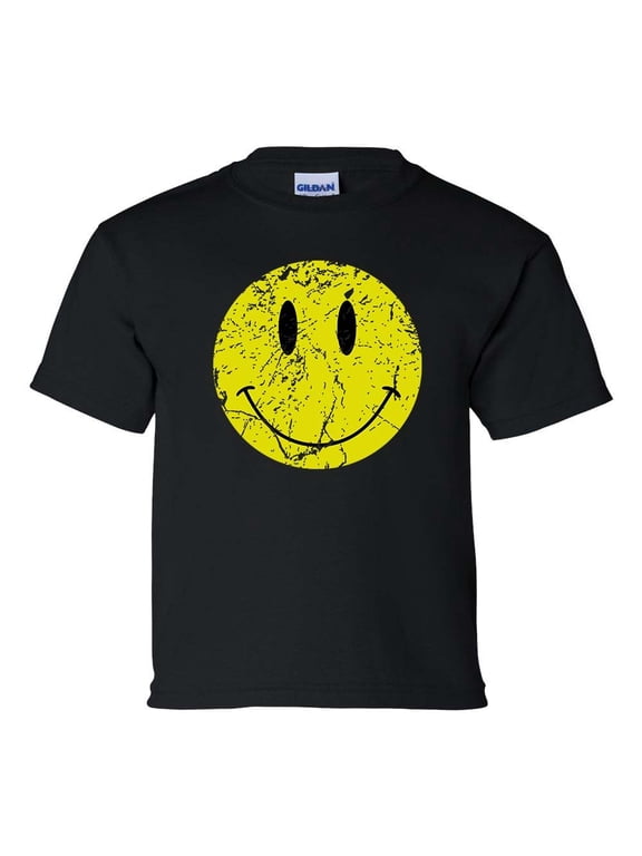 Youth Kids Retro Distressed Happy Face Smile Short Sleeve T-shirt Graphic Tee-Black-xl