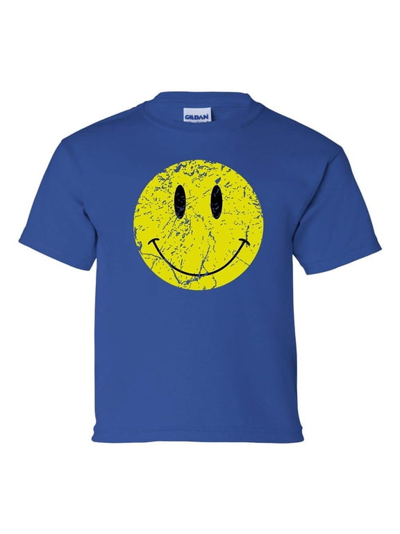 Youth Kids Retro Distressed Happy Face Smile Short Sleeve T-shirt Graphic Tee-Royal-medium