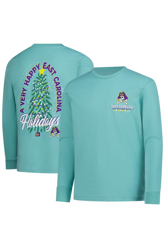 Youth  Light Green ECU Pirates Merry Christmas Tree Long Sleeve T-Shirt