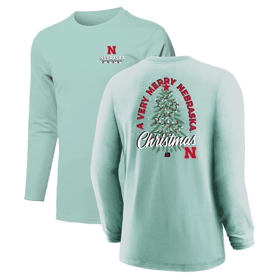Youth  Light Green Nebraska Huskers Merry Christmas Tree Long Sleeve T-Shirt