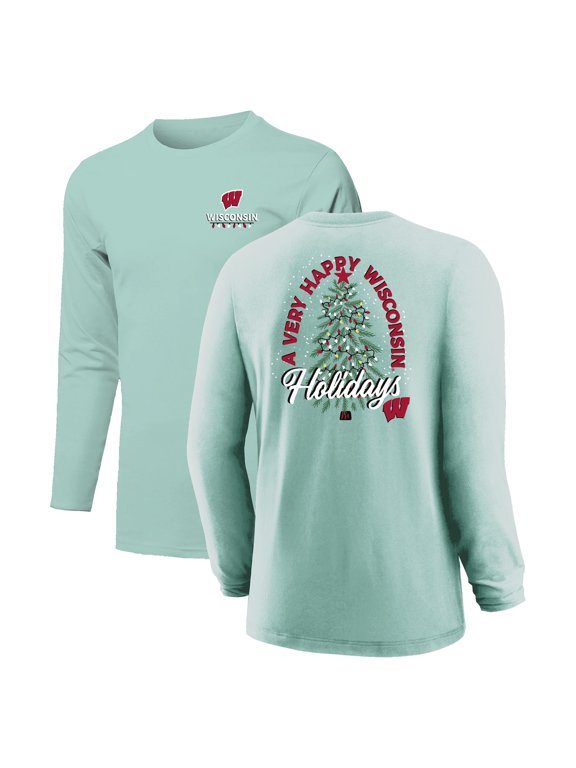 Youth Light Green Wisconsin Badgers Merry Christmas Tree Long Sleeve T-Shirt