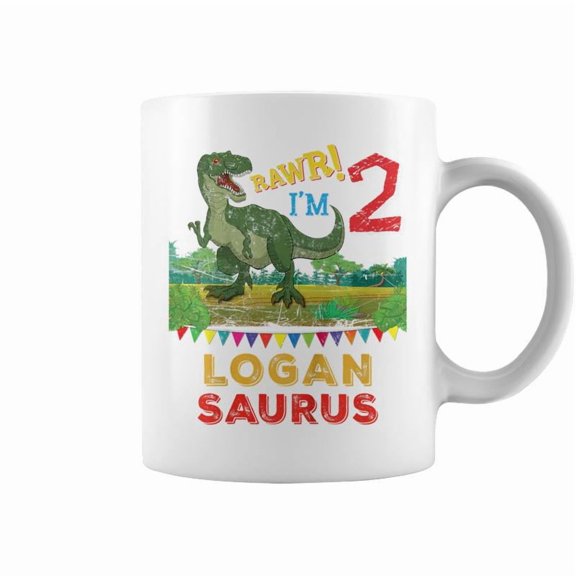 Youth Logan Saurus Rawr Im 2 Dinosaur TRex Personalized Name Coffee Mugs
