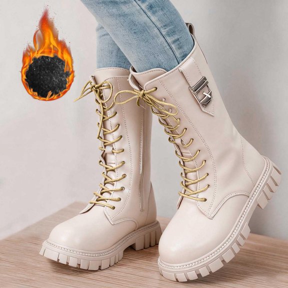 Youth Long Barrel Leather Boots for Autumn and Winter with Lace-Up Design Fleece Lined Warmth Solid Color British Style Martin Princess Boots