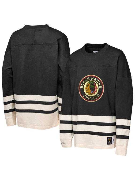 Youth-Mitchell & Ness Black Chicago Blackhawks Chainstitch Heavyweight Long Sleeve Top