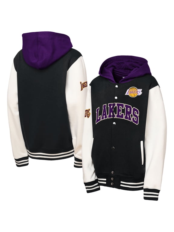 Youth Mitchell & Ness Black Los Angeles Lakers Hardwood Classics Courtside Fleece Full-Snap Hoodie Jacket