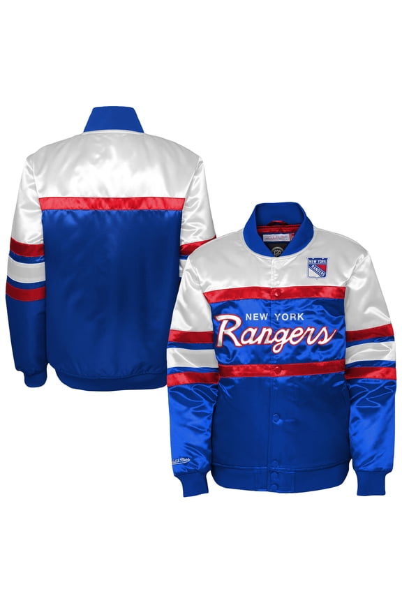 Youth Mitchell & Ness Blue New York Rangers Satin Raglan Full-Snap Jacket