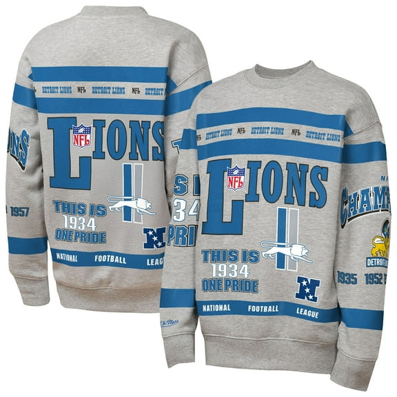 Youth Mitchell & Ness Gray Detroit Lions Throwback All-Over Print Fleece Sweatshirt