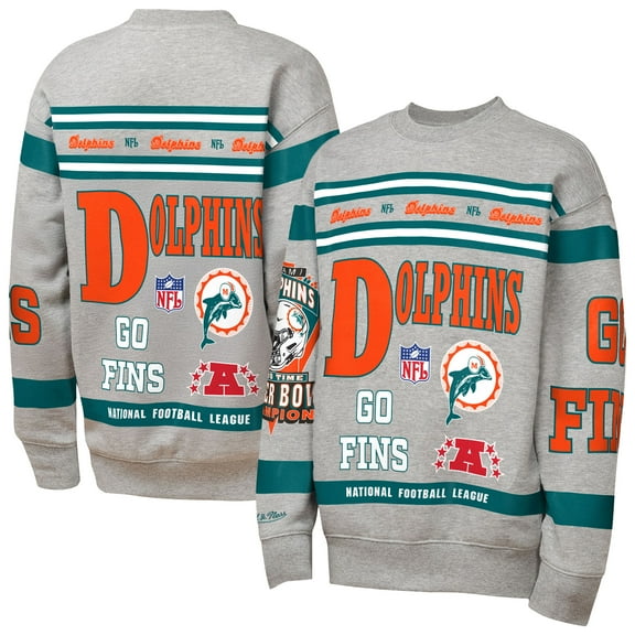 Youth Mitchell & Ness Gray Miami Dolphins Throwback All-Over Print Fleece Sweatshirt
