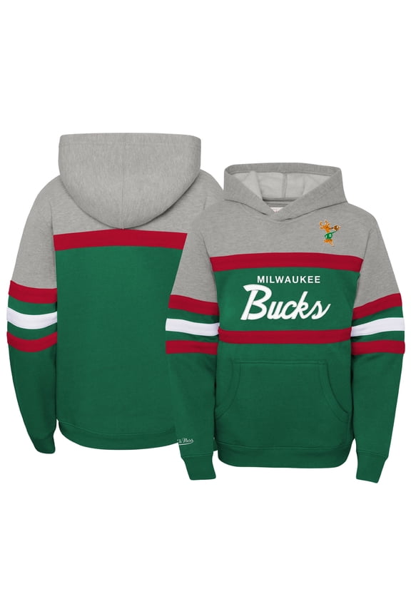 Youth Mitchell & Ness Green/Heather Gray Milwaukee Bucks Hardwood Classics Head Coach Pullover Hoodie