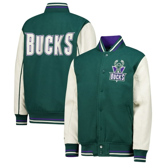 Youth Mitchell & Ness Hunter Green Milwaukee Bucks Full-Snap Varsity Jacket