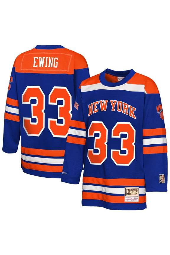 Youth Mitchell & Ness Patrick Ewing Blue New York Knicks Maxxed Out 2.0 Fashion Hockey Jersey