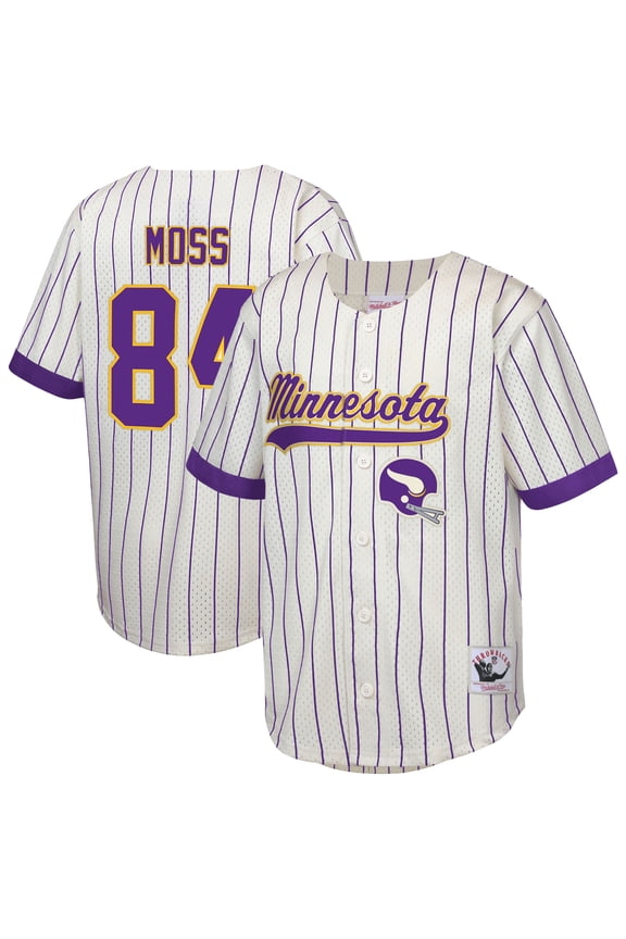 Youth Mitchell & Ness Randy Moss Cream Minnesota Vikings Retired Player Name & Number Baseball Jersey