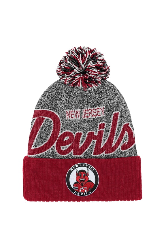 Youth Mitchell & Ness Red/Gray New Jersey Devils Mascot Cuffed Knit Hat with Pom