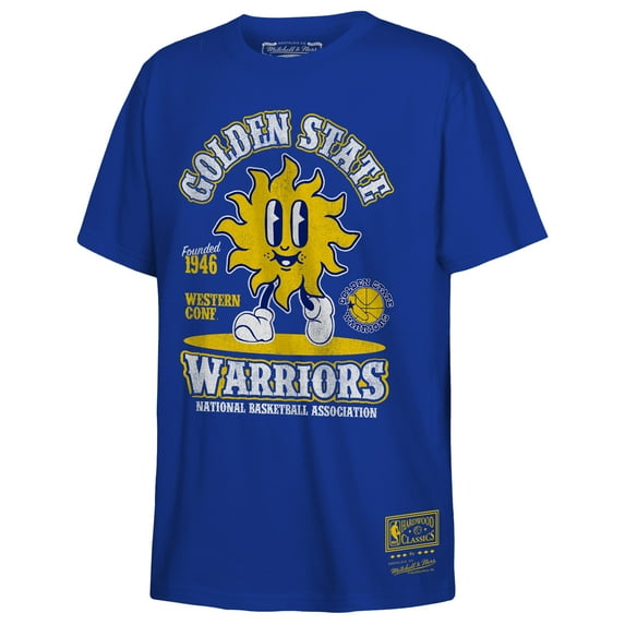 Youth Mitchell & Ness Royal Golden State Warriors Retro Mascot Script T-Shirt