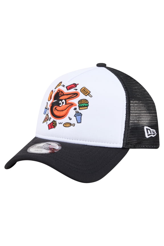 Youth New Era White/Black Baltimore Orioles Food A-Frame 9FORTY Trucker Adjustable Hat