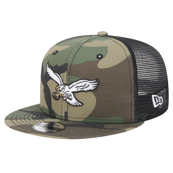 Youth New Era Camo Philadelphia Eagles Throwback Main Trucker 9FIFTY Snapback Hat