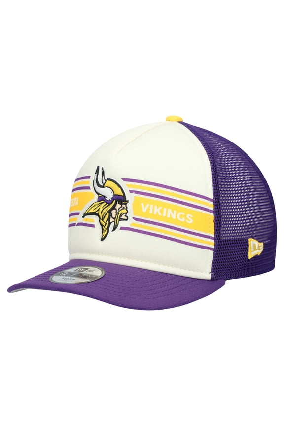 Youth New Era Cream/Purple Minnesota Vikings Banner 9FIFTY A-Frame Adjustable Trucker Hat