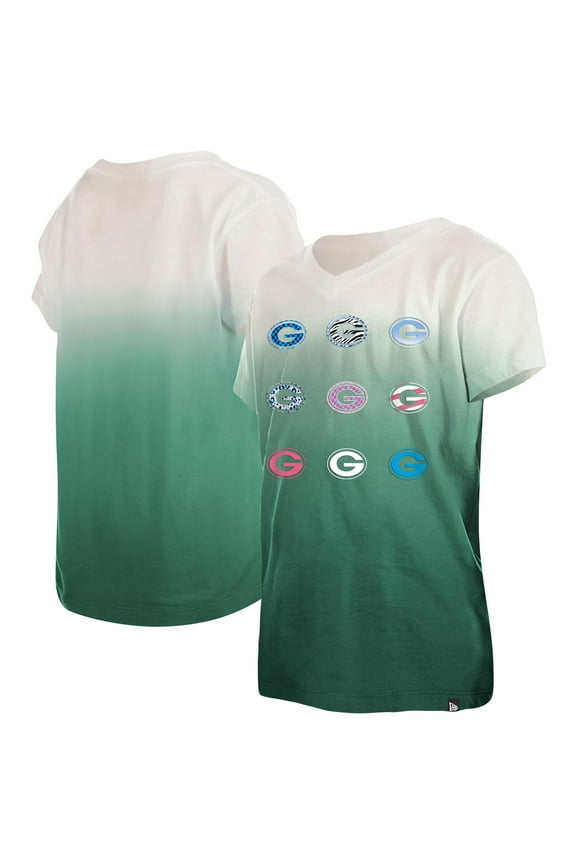 Youth New Era Green Green Bay Packers Multi Logo Ombre V-Neck T-Shirt