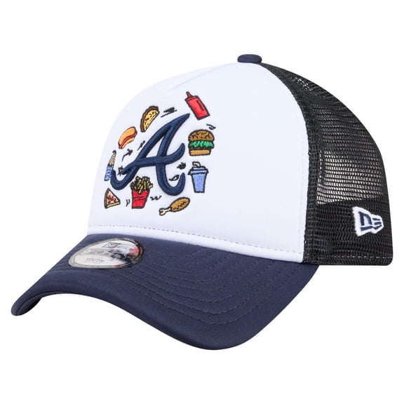 Youth New Era White/Navy Atlanta Braves Food A-Frame 9FORTY Trucker Adjustable Hat