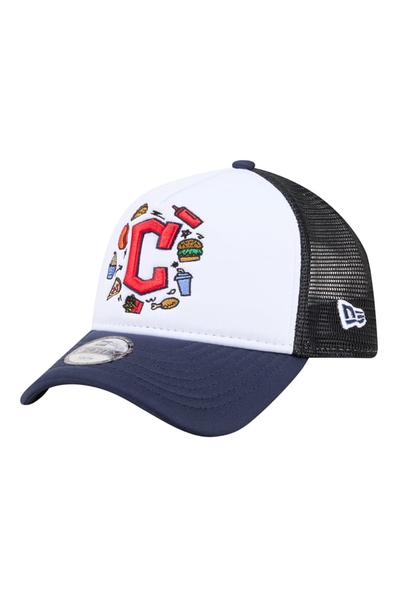 Youth New Era White/Navy Cleveland Guardians Food A-Frame 9FORTY Trucker Adjustable Hat