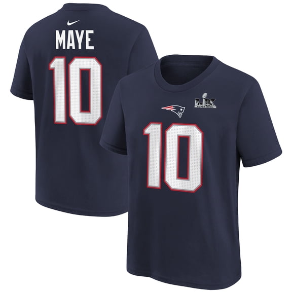 Youth Nike Drake Maye Navy New England Patriots Super Bowl LX Patch Name & Number T-Shirt