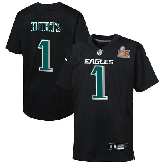 Youth Nike Jalen Hurts Carbon Black Philadelphia Eagles Super Bowl LIX Patch Fashion Game Player Jersey