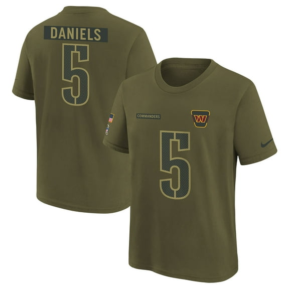 Youth Nike Jayden Daniels Olive Washington Commanders 2025 Salute to Service Name & Number T-Shirt