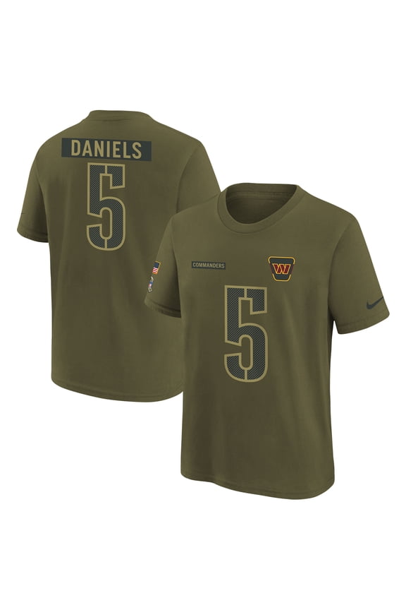 Youth Nike Jayden Daniels Olive Washington Commanders 2025 Salute to Service Name & Number T-Shirt