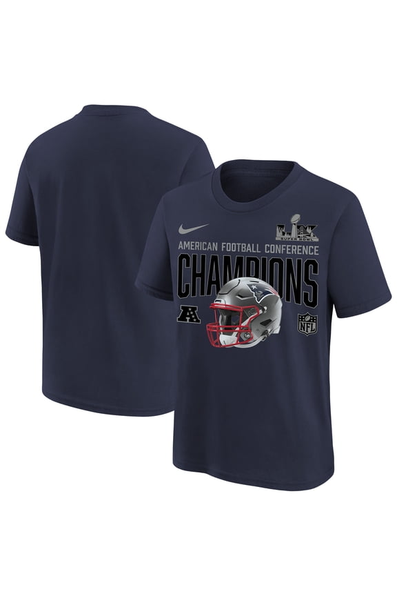 Youth Nike Navy New England Patriots 2025 AFC Champions Glory Shield Helmet T-Shirt